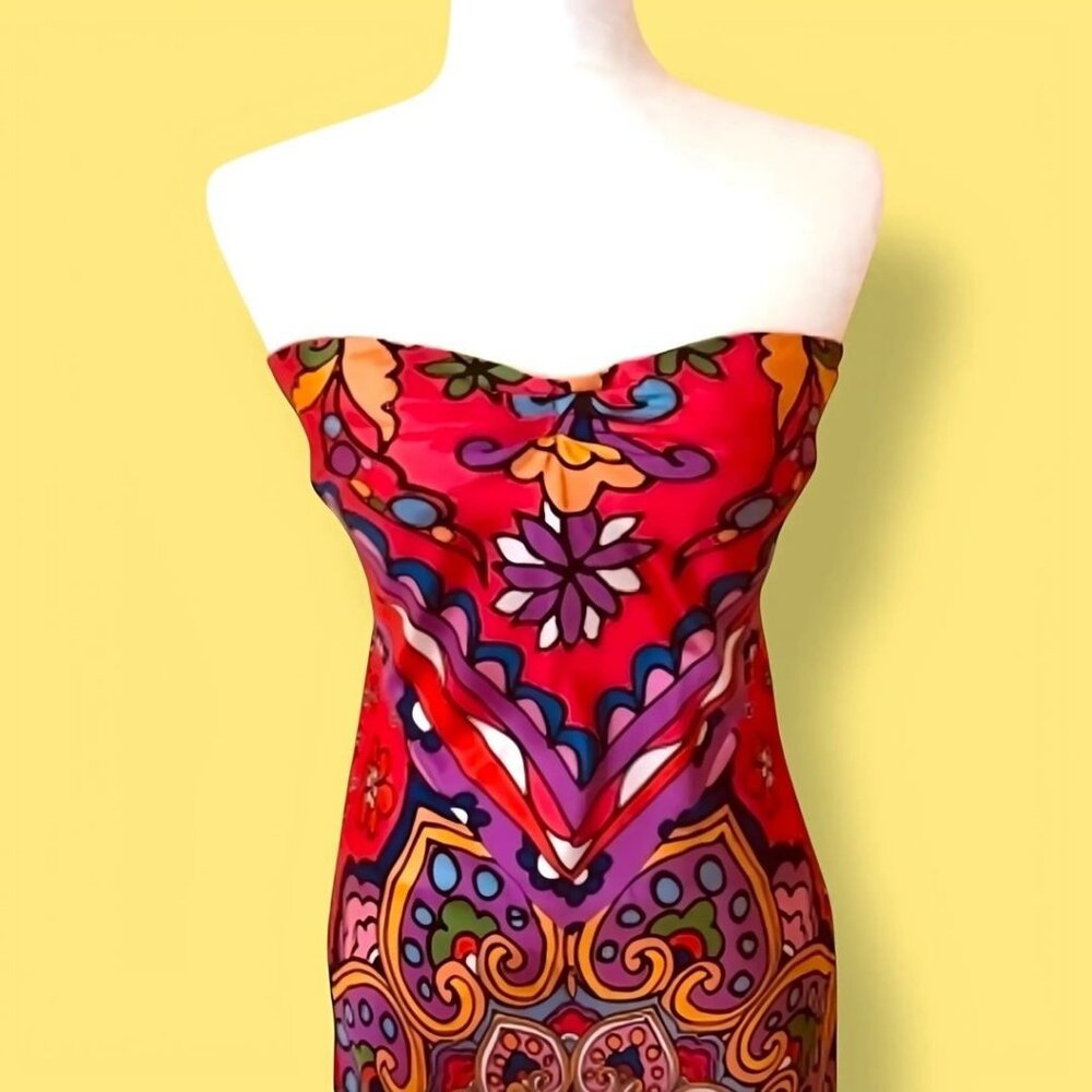 Vintage NICOLE MILLER - 100% Silk Boho Strapless Midi Dress - Size 4 - LIKE NEW!